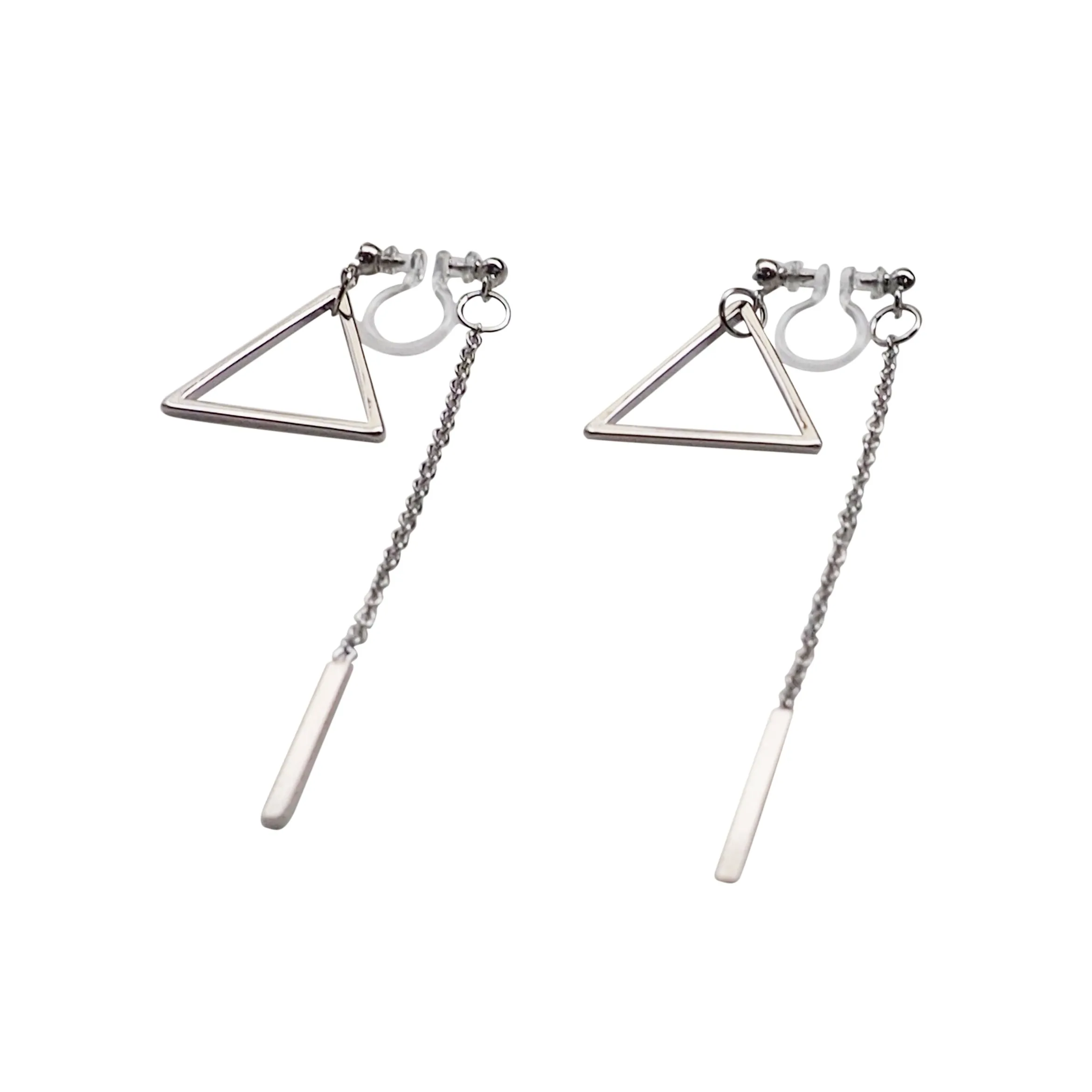 Silver Double-Sided Triangle and Bar Invisible Clip On Earrings