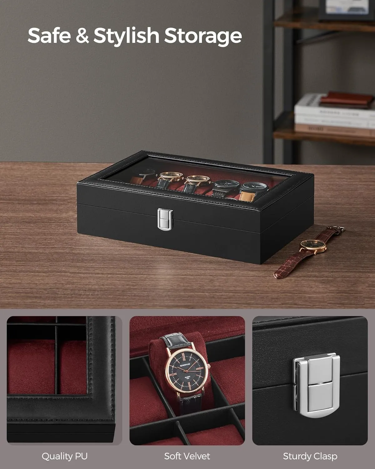SONGMICS Watch Box, 12-Slot Watch Case with Large Glass Lid, Removable Watch Pillows, Watch Box Organizer, Gift for Loved Ones, Black Synthetic Leather, Wine Red Lining UJWB120R01