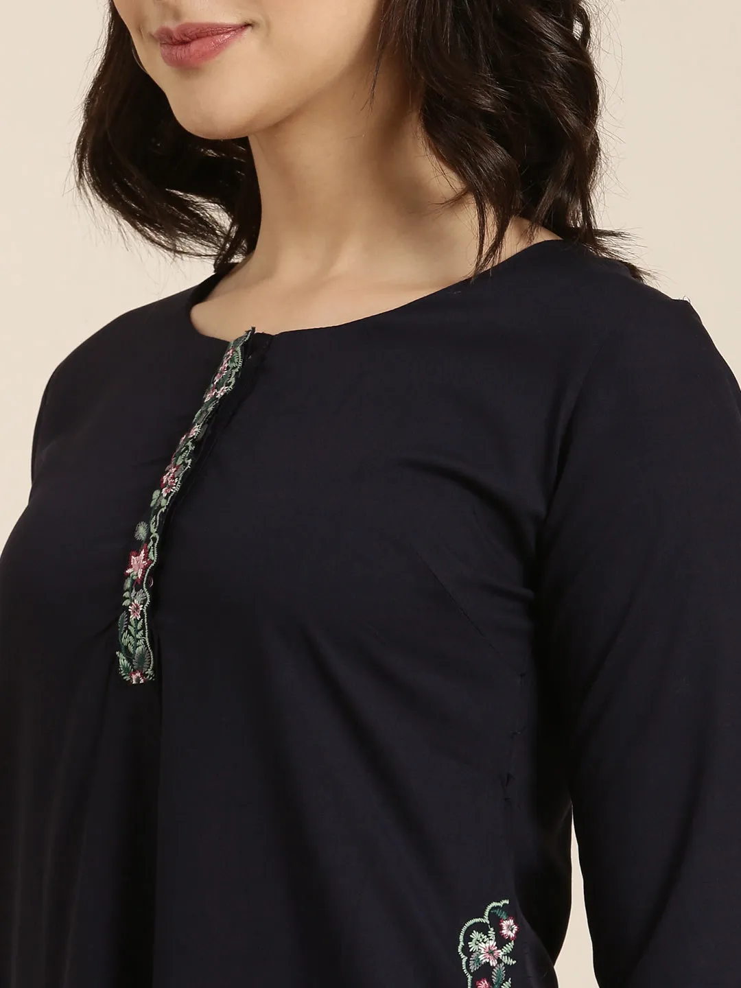 Women Straight Navy Blue Solid Kurta