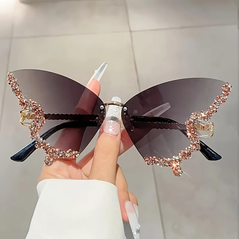 Women's Butterfly Glasses With Rhinestones, Fashionable Tinted Lenses, Lightweight Frame, Comfortable Nose Rest, Outdoor Trendy Accessories For Travel & Daily Use