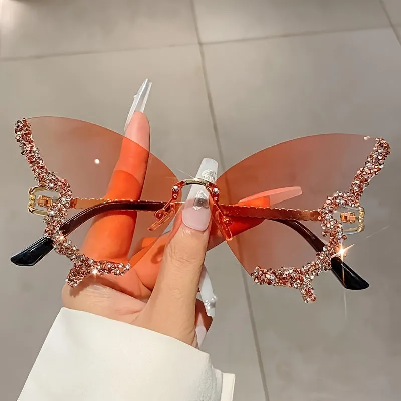 Women's Butterfly Glasses With Rhinestones, Fashionable Tinted Lenses, Lightweight Frame, Comfortable Nose Rest, Outdoor Trendy Accessories For Travel & Daily Use